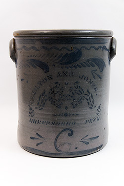Hamilton and Jones Greensboro Pennsylvania Cobalt Decorated Rose Stencil Salt Glazed 6 Gallon Stoneware Crock Hamilton and Jones Greensboro Pennsylvania Cobalt Decorated Rose Stencil Salt Glazed 6 Gallon Stoneware Crock