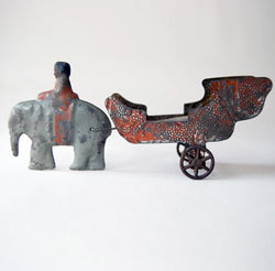 Early American Tin 19th Century Animal Drawn Wagon Elephant Rider Original Painted Surface Pull Toy For Sale Early American Tin 19th Century Animal Drawn Wagon Elephant Rider Original Painted Surface Pull Toy For Sale