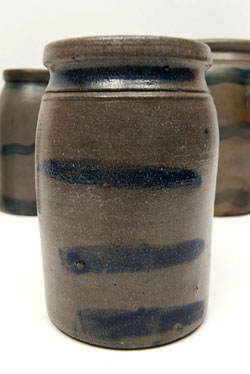 Four Strip Cobalt Blue Decorated Pennsylvania Antique American Salt Glazed Storage Crock Jar for Sale Four Strip Cobalt Blue Decorated Pennsylvania Antique American Salt Glazed Storage Crock Jar for Sale