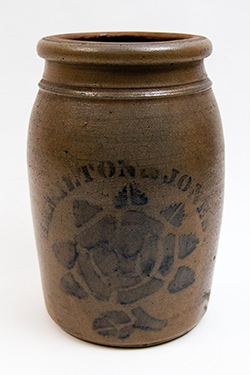 Hamilton and Jones Blue Decorated Rose Stencil Salt Glazed Wax Sealer Stoneware Crock Hamilton and Jones Blue Decorated Rose Stencil Salt Glazed Wax Sealer Stoneware Crock