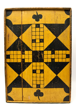 Double Sided Antique Folk Art Game Board in Black and Mustard Original Paint, New England 19th Century Double Sided Antique Folk Art Game Board in Black and Mustard Original Paint, New England 19th Century