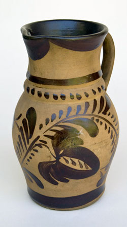 New Geneva PA Highly Decorated 7 Inch Tanware Pitcher For Sale: Pennsylvania Brown Paint Decorated Flower Design Tourist Pottery New Geneva PA Highly Decorated 7 Inch Tanware Pitcher For Sale: Pennsylvania Brown Paint Decorated Flower Design Tourist Pottery