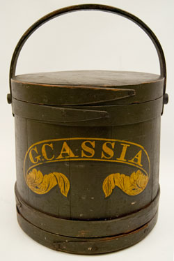 Antique American Country Primitive Hand Painted Green FIrkin labeled G. Cassia Large Store Spice Container Antique American Country Primitive Hand Painted Green FIrkin labeled G. Cassia Large Store Spice Container