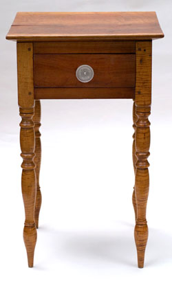 Antique Tigher Maple and Cheery Stand | Mixed Woods One Drawer Stand with great glass knob and master craftsman turned legs Antique Tigher Maple and Cheery Stand | Mixed Woods One Drawer Stand with great glass knob and master craftsman turned legs