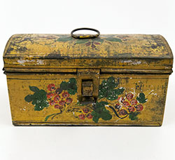 Yellow Tinware Early American Antique Painted Toleware Dome Top Box with Red and Green Floral Decoration