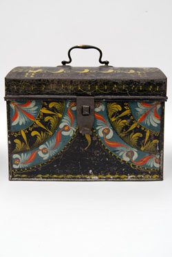 Rare Berlinware Early American Paint Decorated Document Box in Rare Blue Ground, Group Four Berlin Conneticut 19th Century Toleware Tinware for Sale Rare Berlinware Early American Paint Decorated Document Box in Rare Blue Ground, Group Four Berlin Conneticut 19th Century Toleware Tinware for Sale
