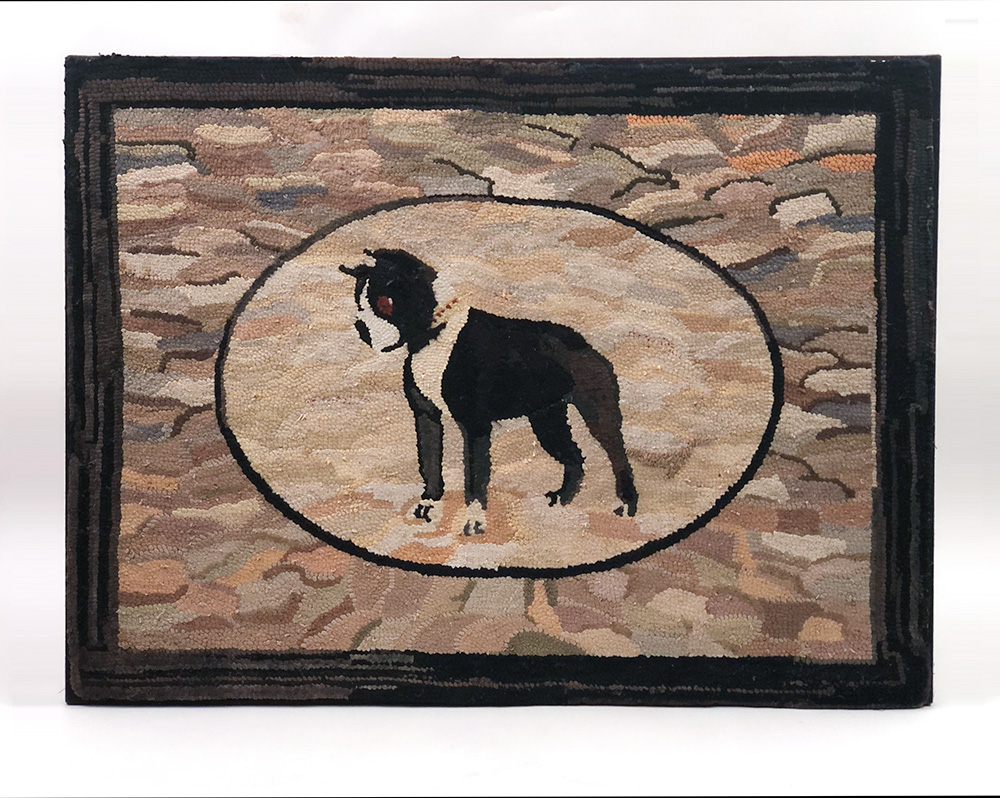 antique american folk art hooked rug of dog