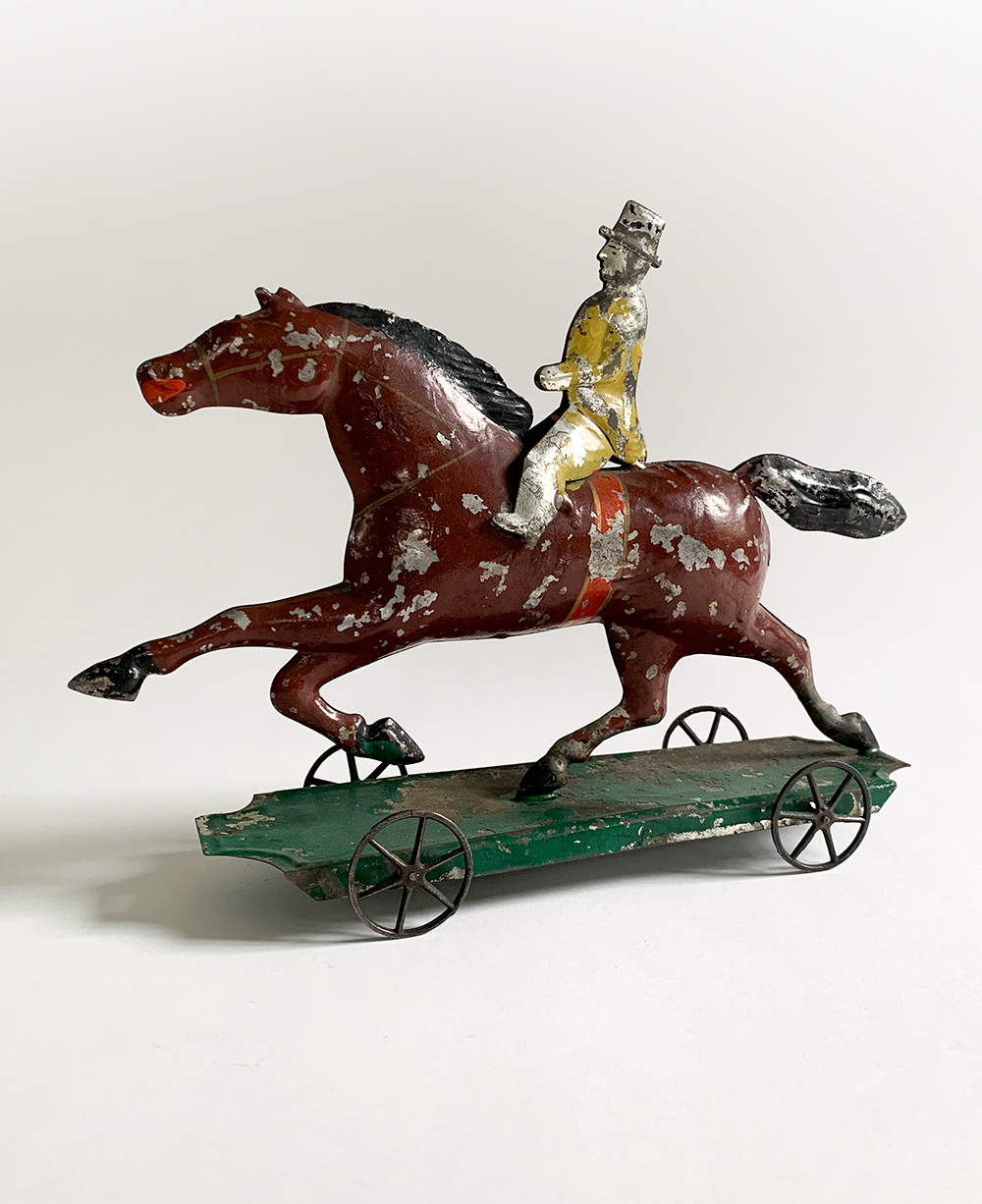early american tin Dexter racehorsehorse with rider pull toy james fallows and sons philadelphia pennsylvania