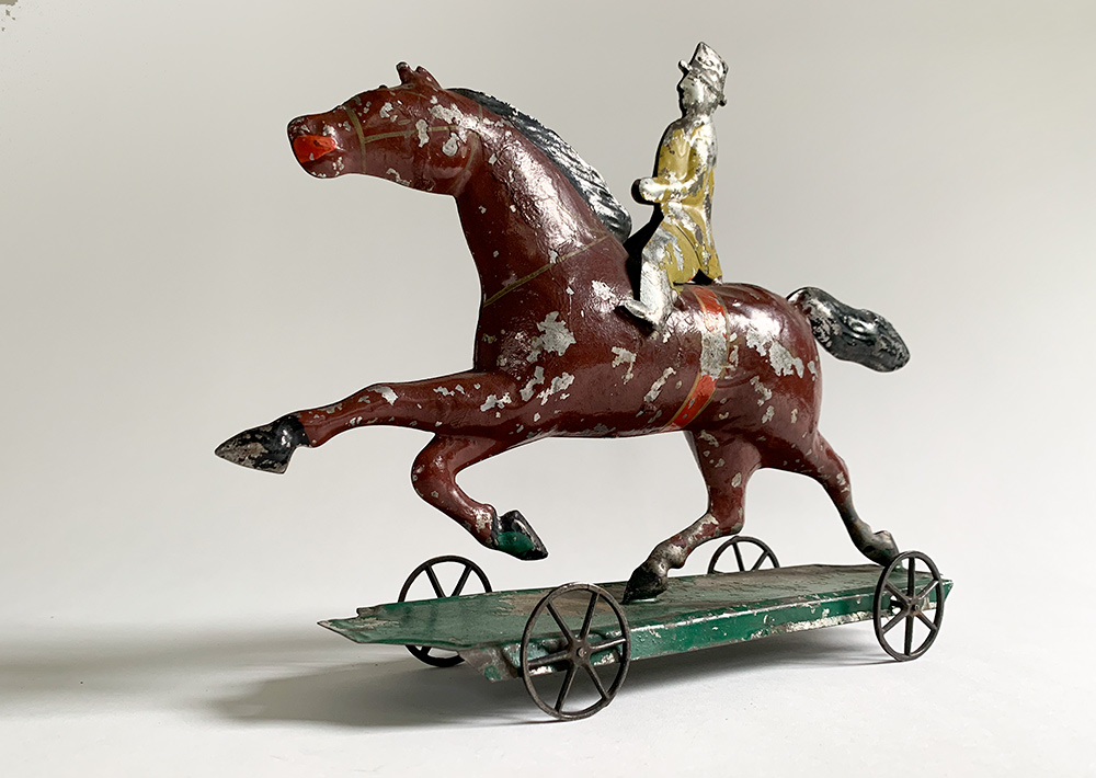 early american tin Dexter racehorsehorse with rider pull toy james fallows and sons philadelphia pennsylvania
