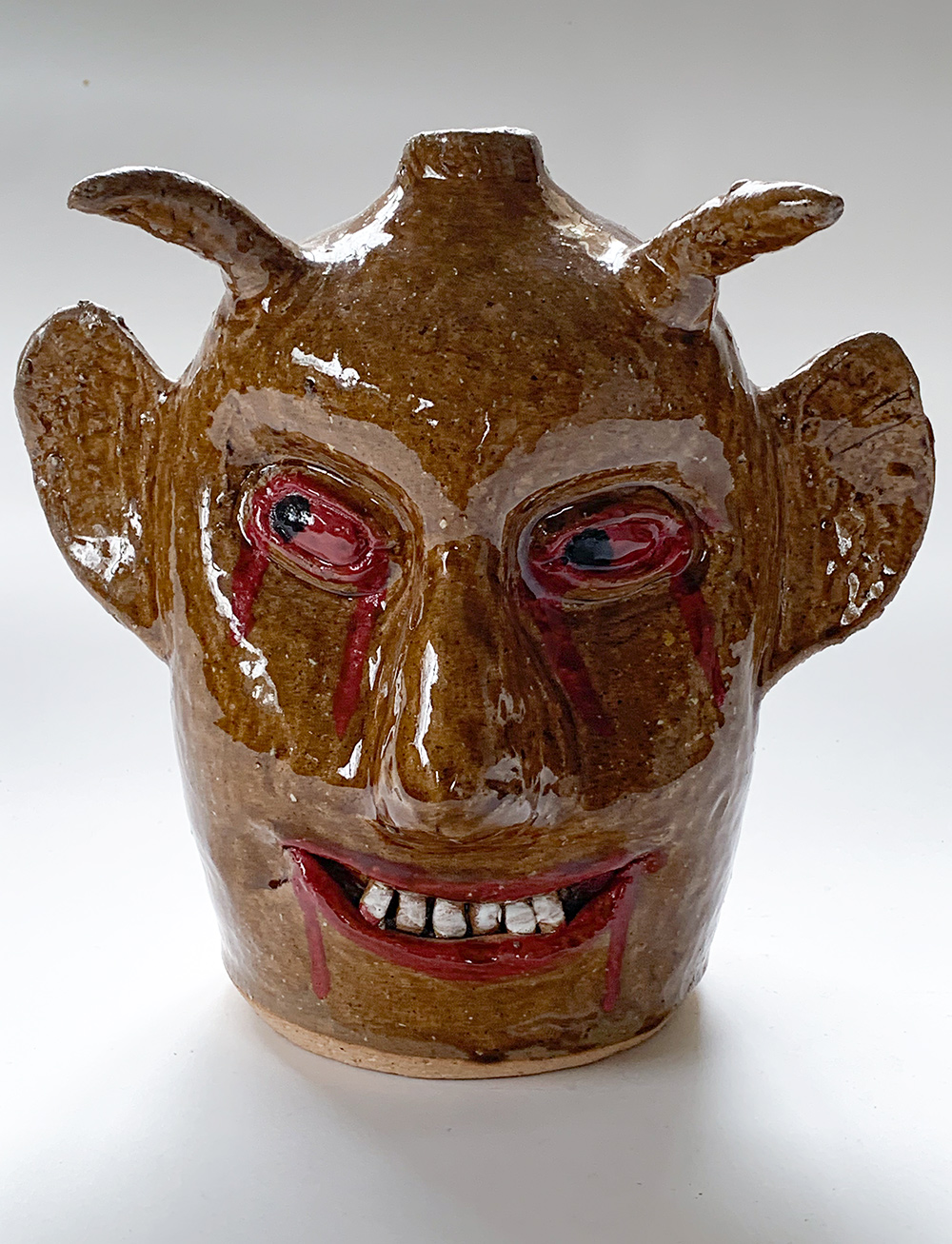 Reggie Meaders Georgia Folk Art Ash Glaze Stoneware Devil Face Jug