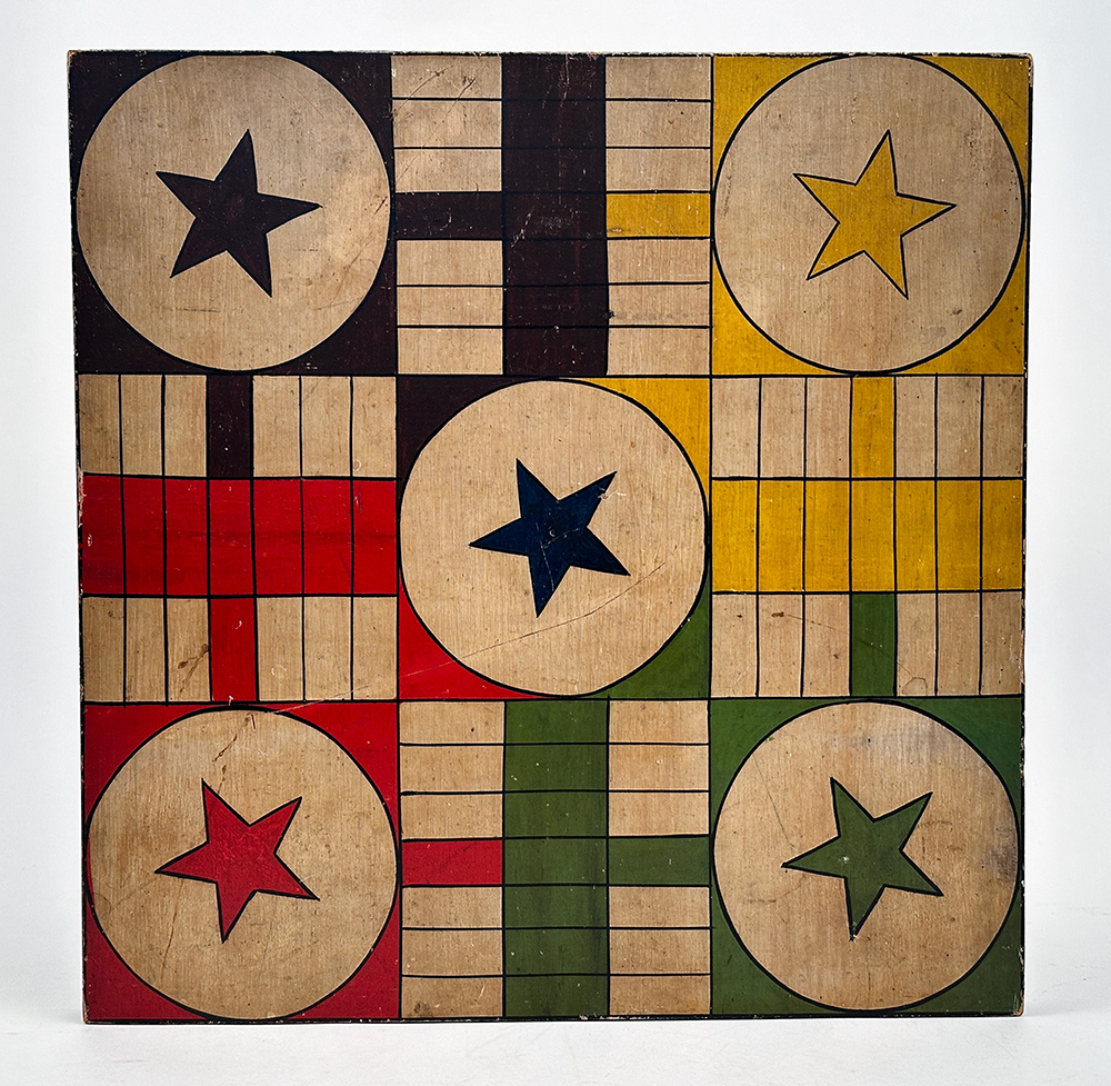 original 7 color paint decorated antique wooden patriotic parcheesi gameboard  