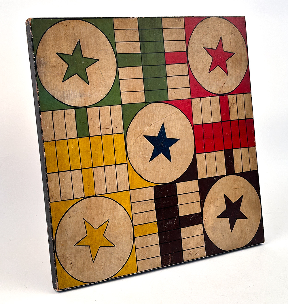original 7 color paint decorated antique wooden patriotic parcheesi gameboard 
