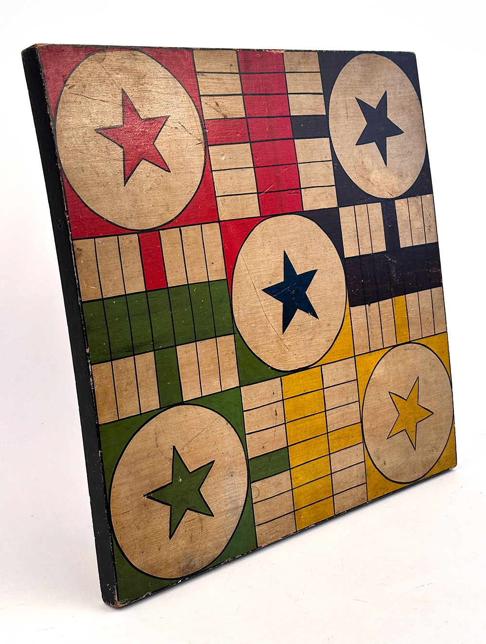 original 7 color paint decorated antique wooden patriotic parcheesi gameboard 