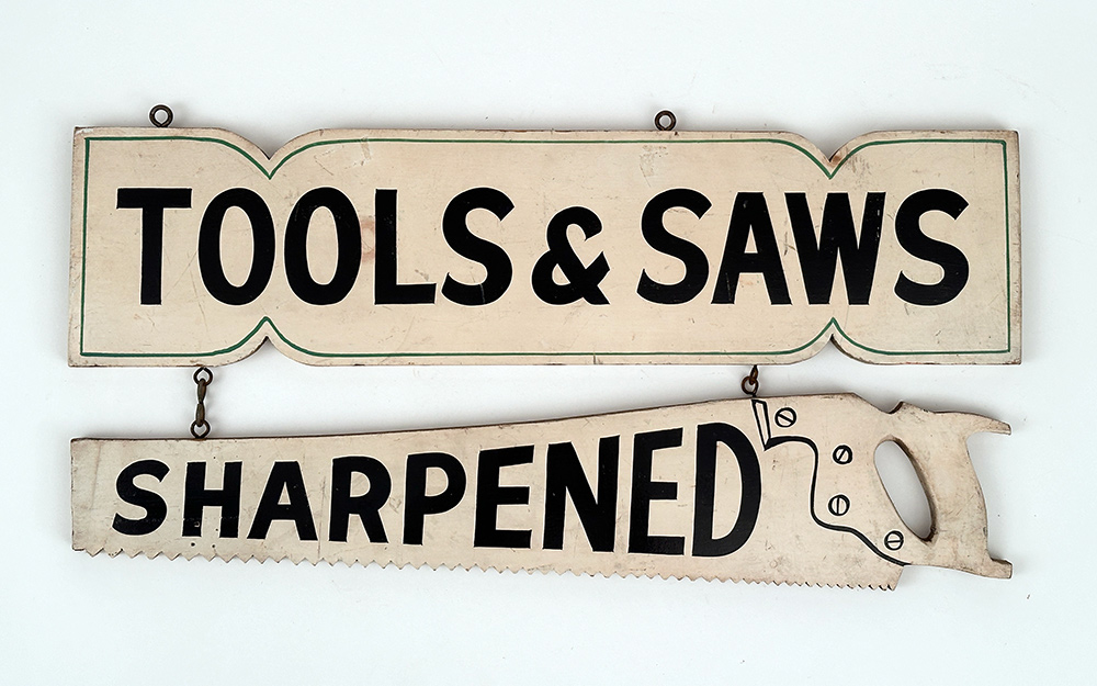 art deco wooden paint decorated saws and tools sharpened double sided figural trade sign