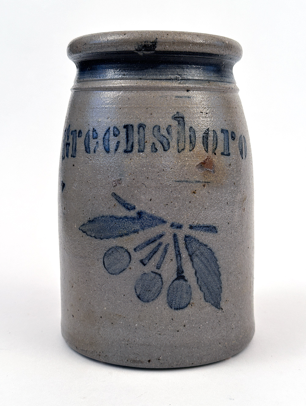 blue decorated southwestern pennsylvania stoneware canning jar with cherries stencil