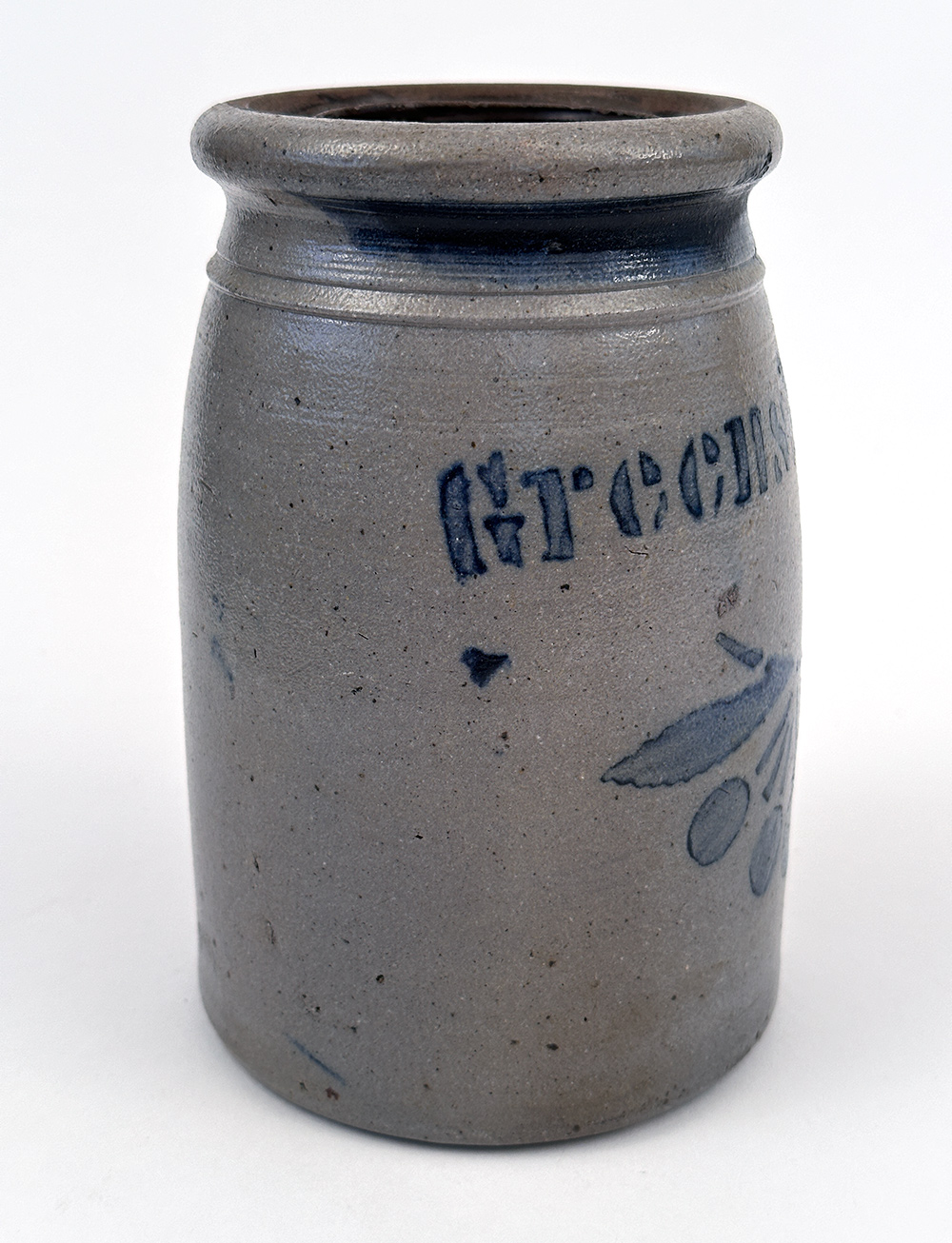 blue decorated southwestern pennsylvania stoneware canning jar with cherries stencil