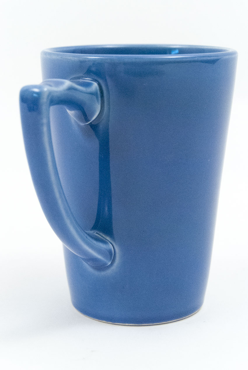 Riviera Homer Laughlin Handled Tumbler in Harlequin Blue Mauve Colored Glaze