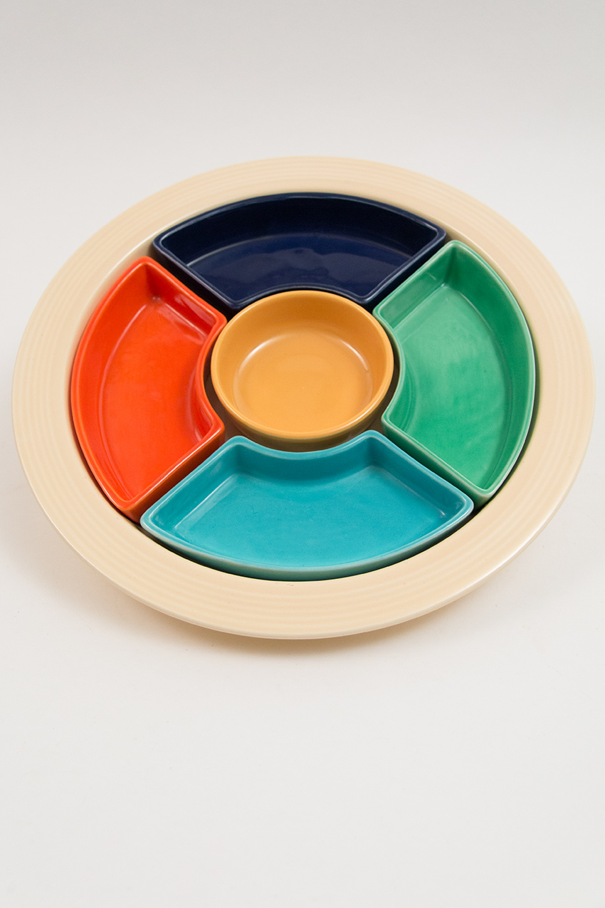 six color vintage fiestaware relish tray with an ivory base, yellow center, and four original colored fiesta side inserts in red, cobalt, turquoise, and green