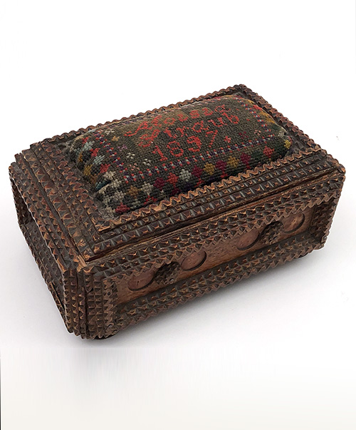 tramp art box with pin cushion