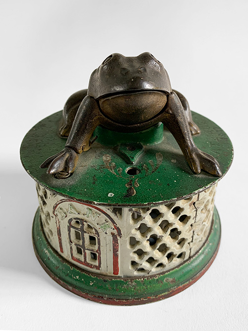 frog on round base antique cast iron mechanical bank on rare white painted base