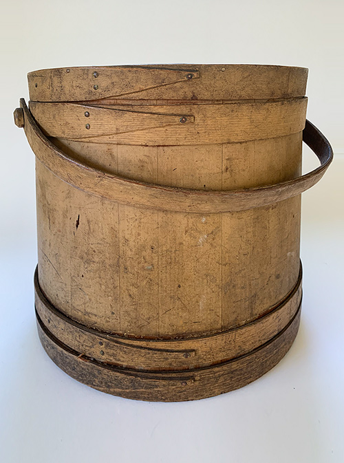 signed hingham mass original mustard painted 19th century antique wooden firkin sugar bucket