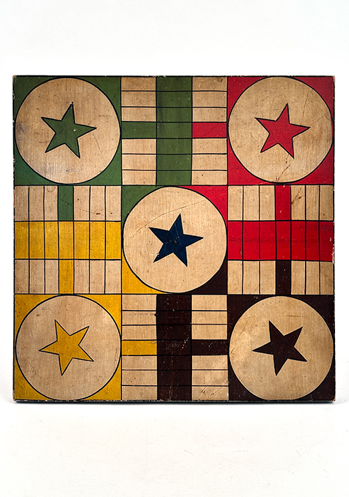 antique american 7 color paint decorated wooden parcheesi gameboard with stars in red white black yellow and red