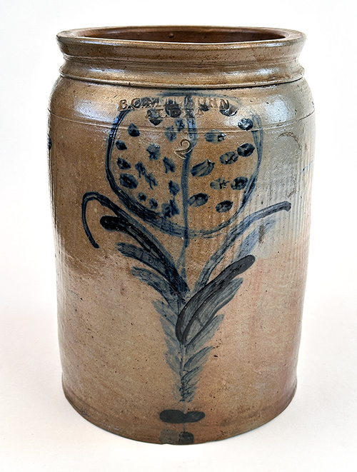 antique blue decorated rare virginia stoneware jar stamped b.c. milburn