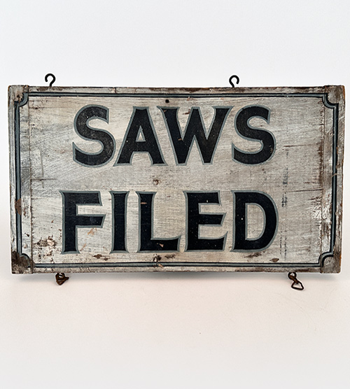 antique wooden painted saws filed trade sign with breadboard ends