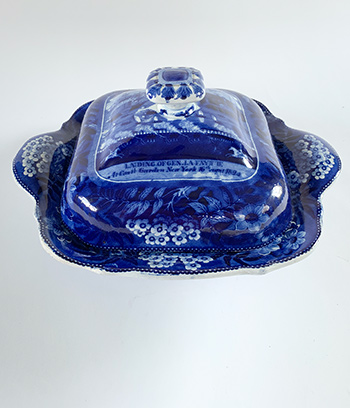 historical staffordshire dark blue covered vegetable dish clews landing of lafayette