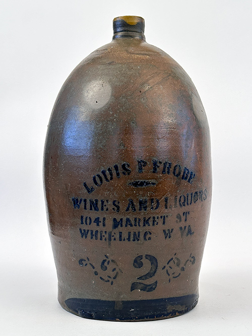 wheeling west virginia wines and liquors advertising blue decorated stoneware jug